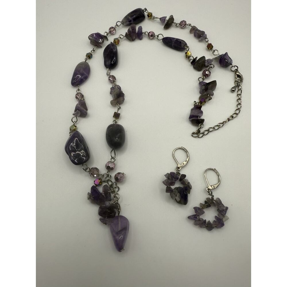 Silver Tone Amethyst Beaded Necklace and Earring Set Pierced 24” Artisan Boho